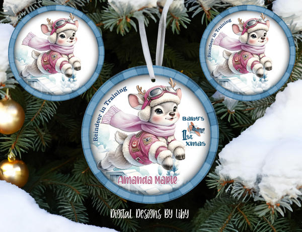 BABY REINDEER GIRL IN TRAINING Round Christmas Ornament PNG Sublimation Design, Baby Reindeer Christmas Ornament