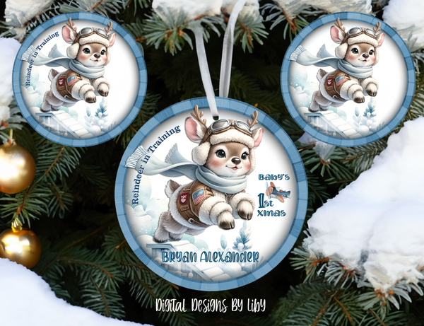 BABY REINDEER BOY IN TRAINING Round Christmas Ornament PNG Sublimation Design, Baby Reindeer Christmas Ornament