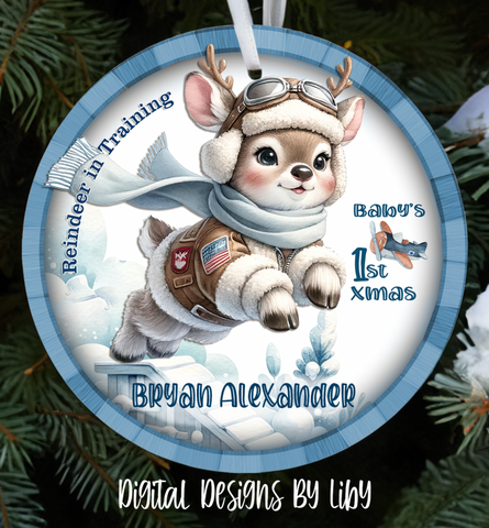 BABY REINDEER BOY IN TRAINING Round Christmas Ornament PNG Sublimation Design, Baby Reindeer Christmas Ornament