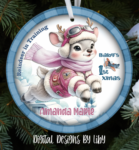 BABY REINDEER GIRL IN TRAINING Round Christmas Ornament PNG Sublimation Design, Baby Reindeer Christmas Ornament