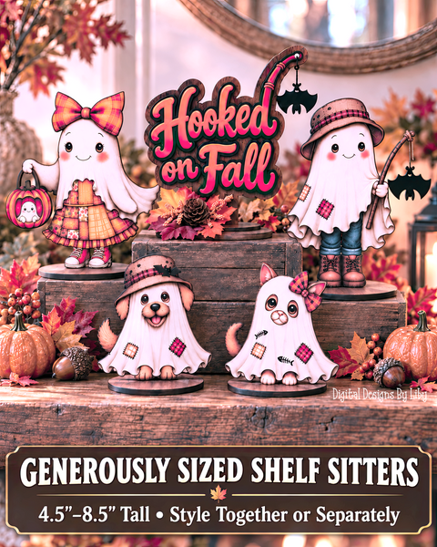 A styled tabletop display of Fall Halloween shelf sitters: two ghost-shaped children and a ghost-shaped dog and cat in autumn outfits, arranged on wooden steps with fall leaves, pumpkins, and a large sign reading “Hooked on Fall.” Text at the bottom says the set is generously sized shelf sitters,