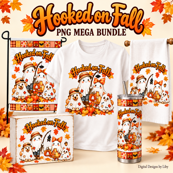 Thumbnail of Hooked on Fall designs displayed on a flag, t-shirt, towel, skinny tumbler, and wood block with wording Hooked on Fall PNG Mega bundle.