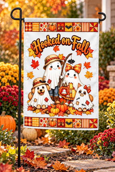 Hooked on Fall garden flag featuring four ghost characters, pumpkins, autumn leaves, and orange patchwork borders.