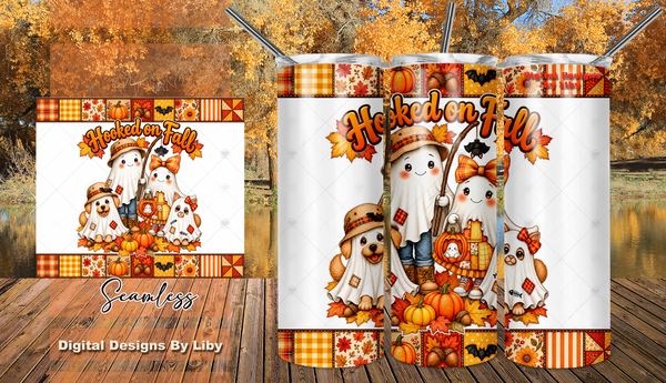Hooked on Fall 20oz skinny tumbler wrap shown from three angles, featuring ghost characters and autumn patchwork borders.