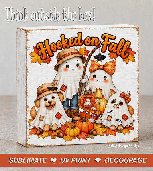 White distressed wood block displaying Hooked on Fall lettering, four ghost characters, pumpkins, and autumn leaves.