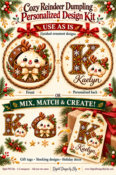 Cozy Reindeer Dumpling Christmas PNG Bundle | Personalized Ornament & A–Z Monogram Design Kit