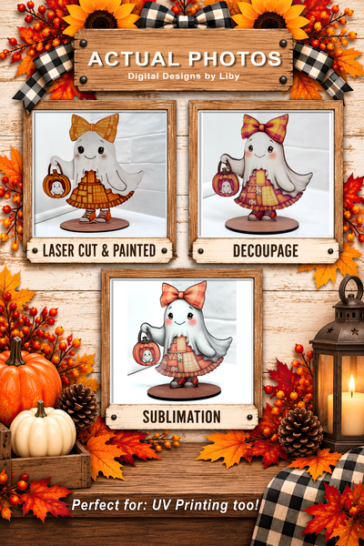 Photos of Fall ghost girl using Laser cut & Paint, printable decoupage & sublimation methods