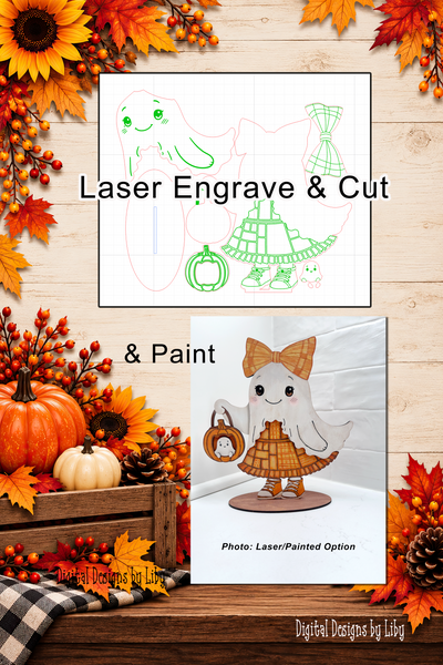 Poster showing laser cut-files & photo of painted Fall Ghost girl figure