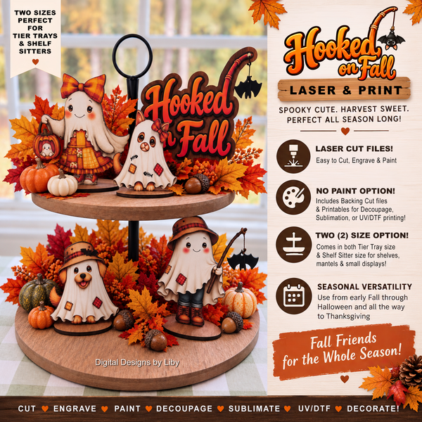 Poster displaying tier tray fall ghost figures & info about Laser cut files and printables