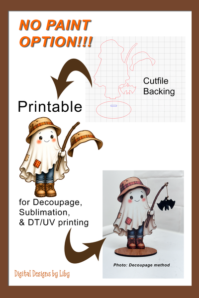 Poster explaining no paint option, Laser cut-file, printable design & photo of Fall ghost fishing boy using decoupage method