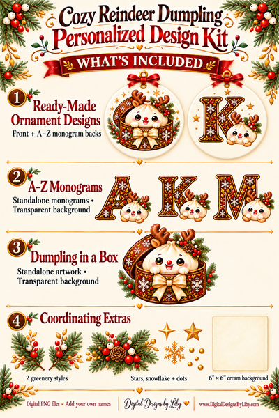 Cozy Reindeer Dumpling Christmas PNG Bundle | Personalized Ornament & A–Z Monogram Design Kit