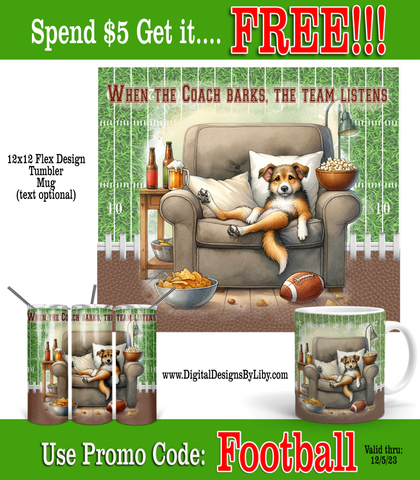 FOOTBALL CANINE COUCH COACH, Football watching Pooch 20oz Skinny Tumbler, Mug & 12x12 Flex PNG Sublimation Design