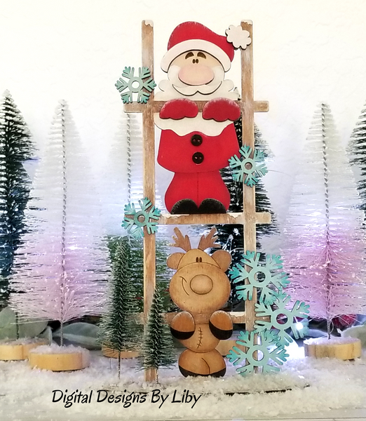 UP TO THE ROOFTOP Santa & Reindeer Ladder Shelf Sitter Stand | 3D Laser Ready Cut File Design
