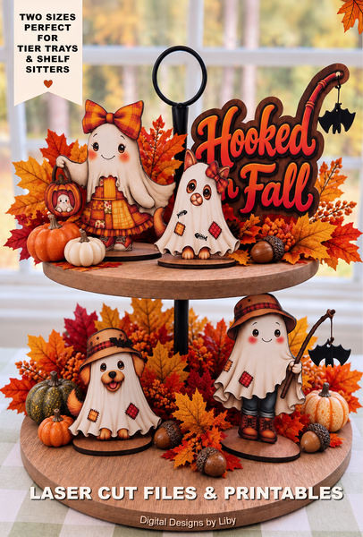 Four Hooked on Fall layered ghost figures with decoupage artwork displayed on a wooden tier tray.