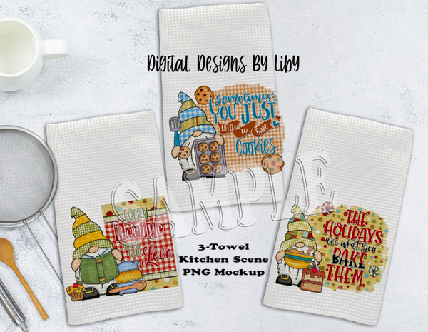 3 TOWELS on Baking Counter PNG MOCKUP