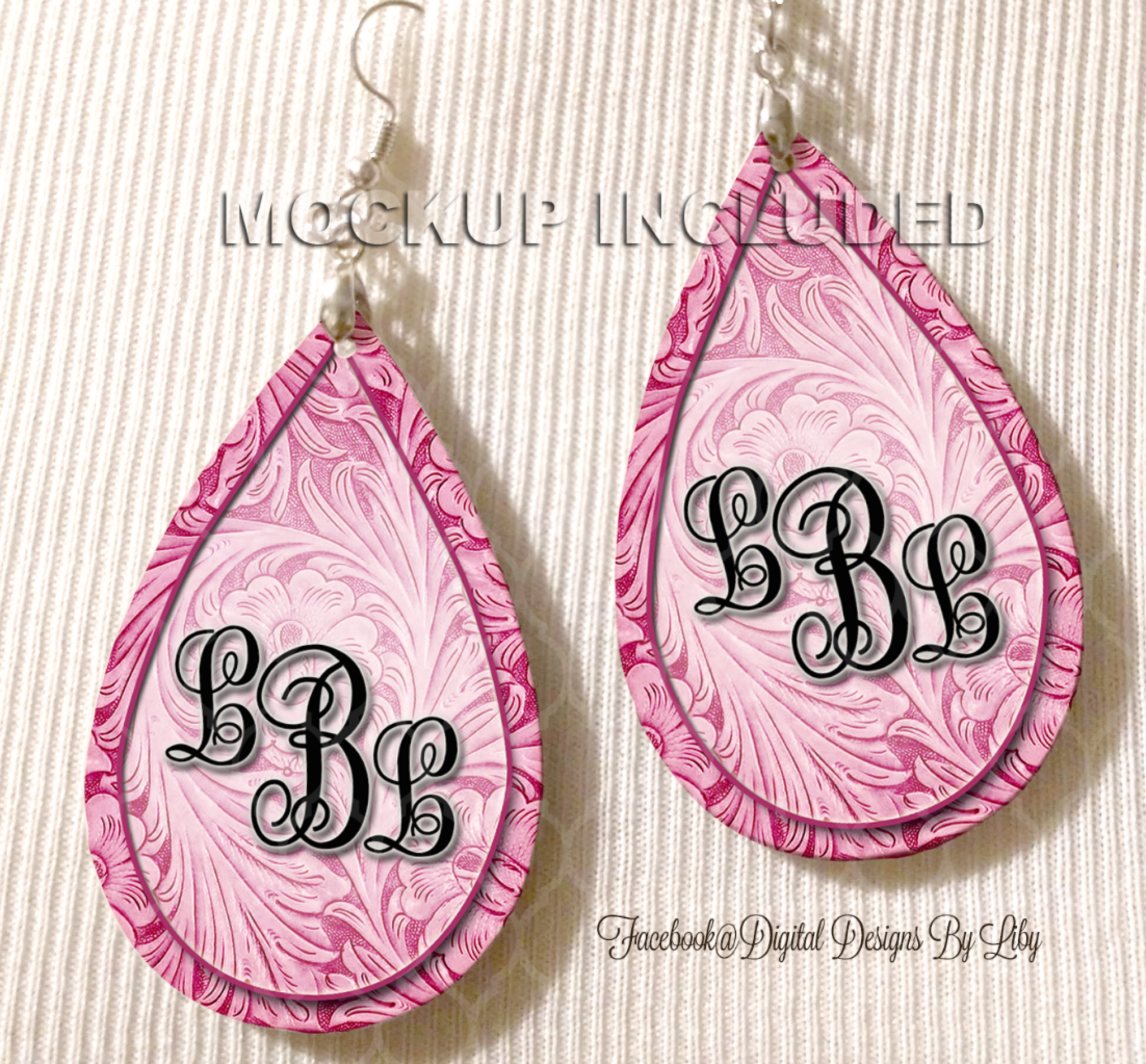 Floral Tooled Pink Monogram Earrings