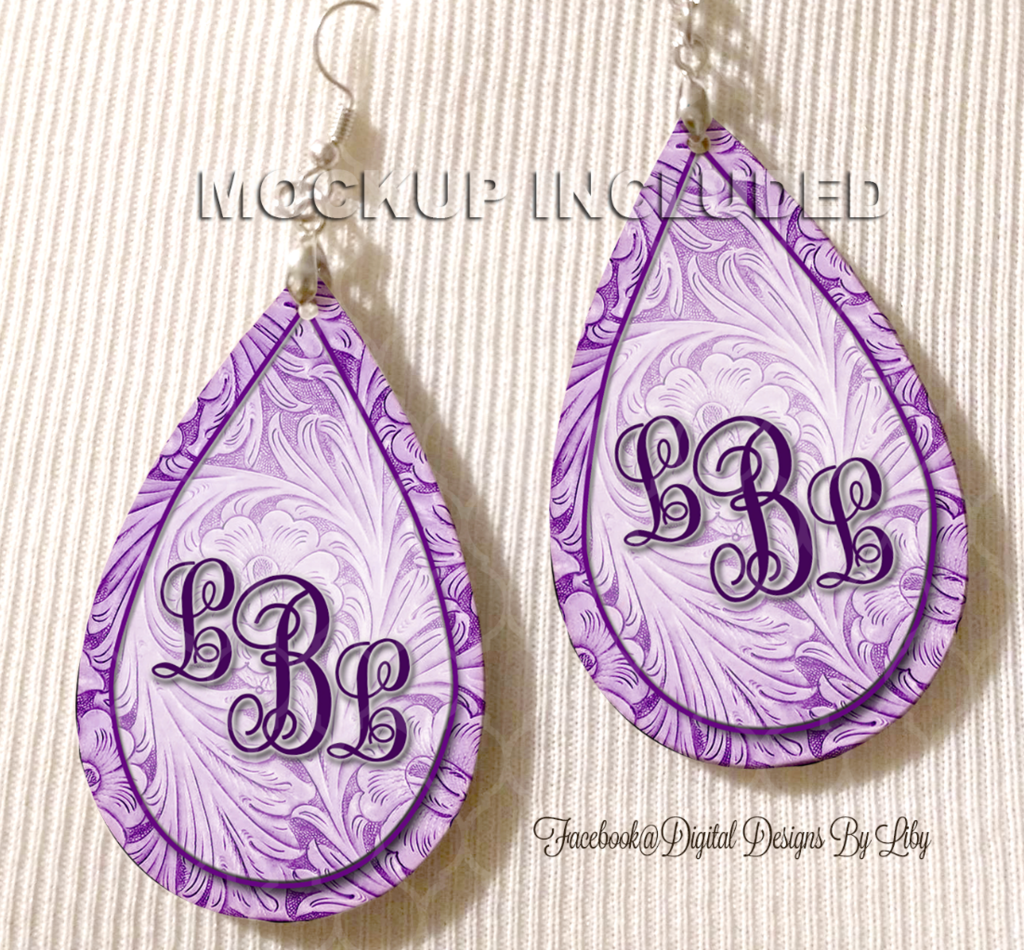 Floral Tooled Purple Monogram Earrings
