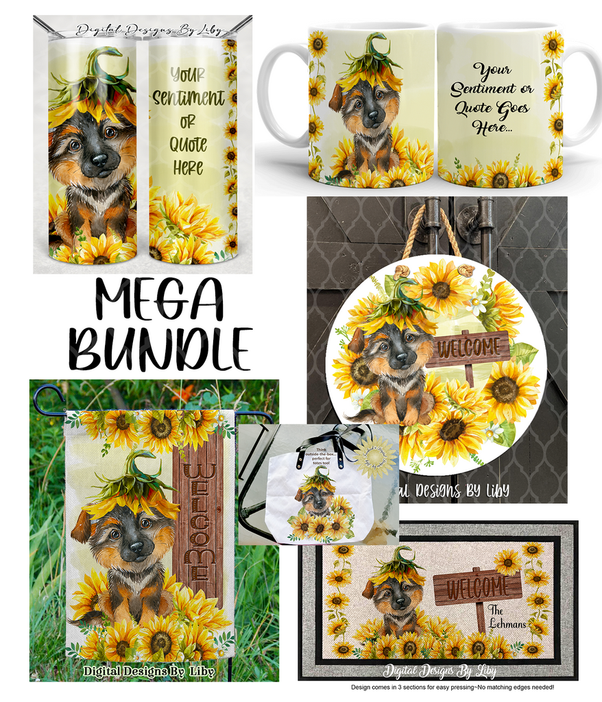 SUNFLOWER GERMAN SHEPHERD MEGA BUNDLE (Skinny Tumbler, Mug, Door Mat, Garden Flag, Door Sign & More)