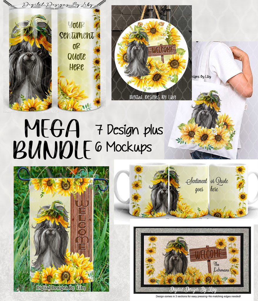 SUNFLOWER BLACK SHIHTZU MEGA BUNDLE (Skinny Tumbler, Mug, Door Mat, Garden Flag, Door Sign & More)