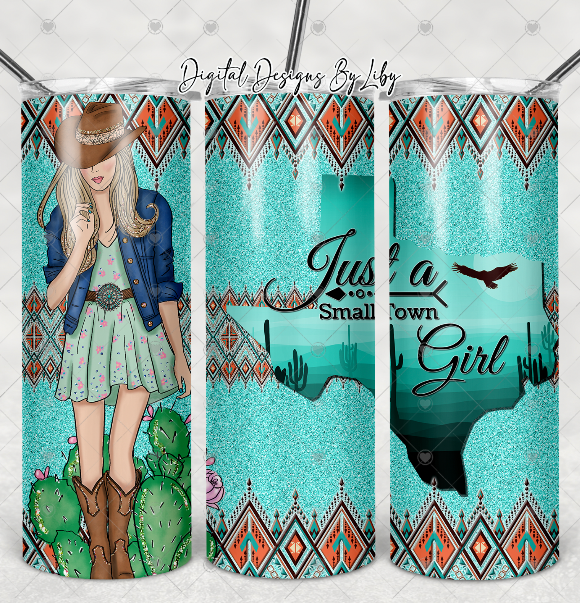 BOHO Small Town Girl- TEXAS 20oz Skinny tumbler sublimation design (Blonde, Brunette & Dark Skin Girls)