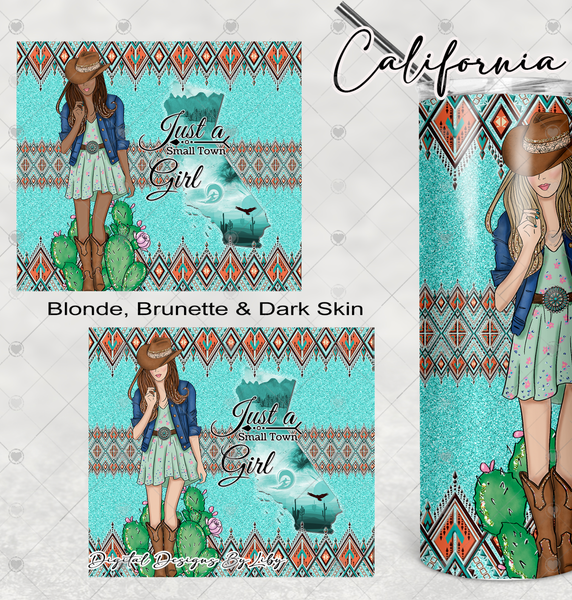 BOHO Small Town Girl- CALIFORNIA 20oz Skinny tumbler sublimation design (Blonde, Brunette & Dark Skin Girls)