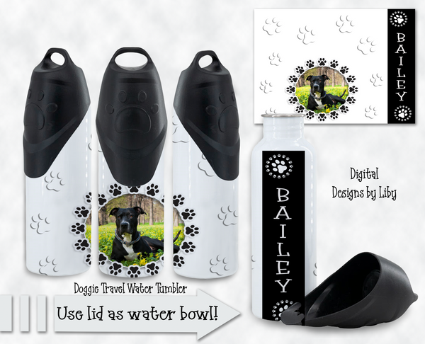 BLACK & WHITE PAW Travel Dog Water Tumbler with PHOTO SLOT