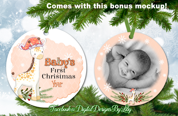 BABY GIRAFFE Baby's First Christmas Ornament (Plus  FREE BONUS Mockups)
