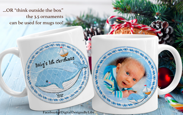 BABY Whale Baby's 1st Xmas Ornament or Mug (Plus  2 FREE BONUS Mockups)