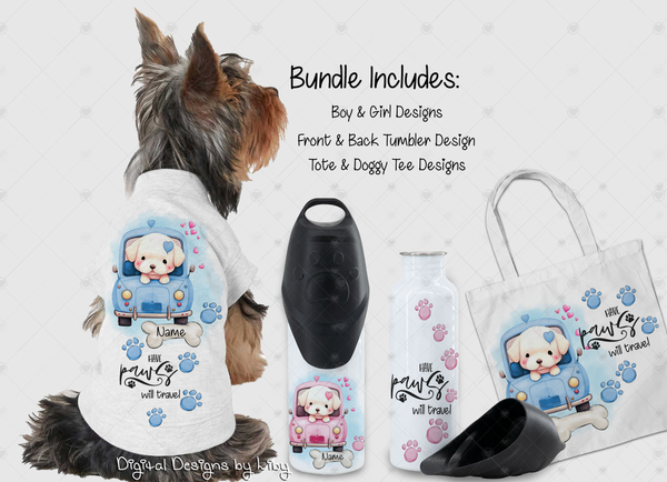 Have Paws Will Travel WHITE DOG Bundle (Tumbler, Tote & Doggy Shirt Designs)