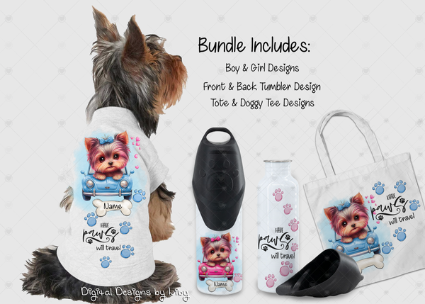 Have Paws Will Travel YORKIE Bundle (Tumbler, Tote & Doggy Shirt Designs)
