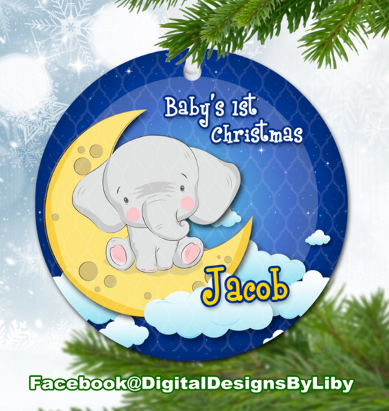 Elephant Moon Baby's First Christmas Ornament (Plus  FREE BONUS Mockup)
