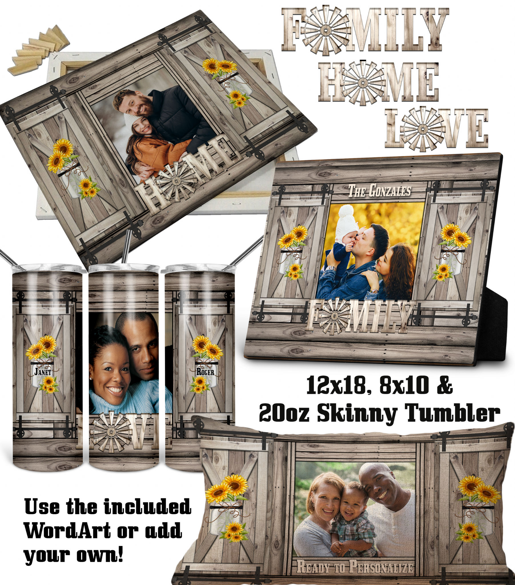 HOME GREY Photo Panels, Pillows & 20oz Skinny Tumbler PNG Templates