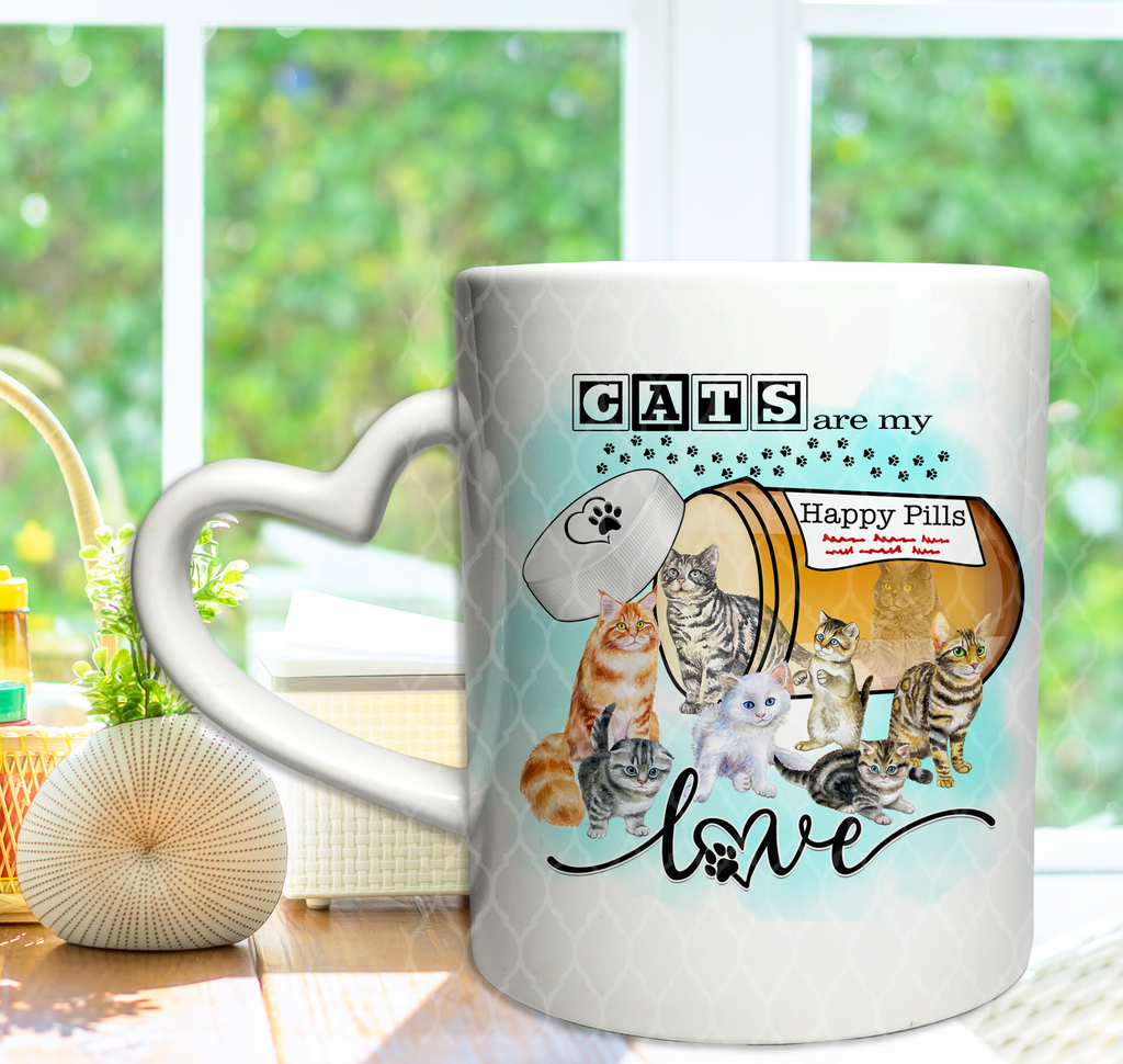 CATS ARE MY HAPPY PILLS (12x12 Flex-Design, 20oz Tumblers, Mug & More)