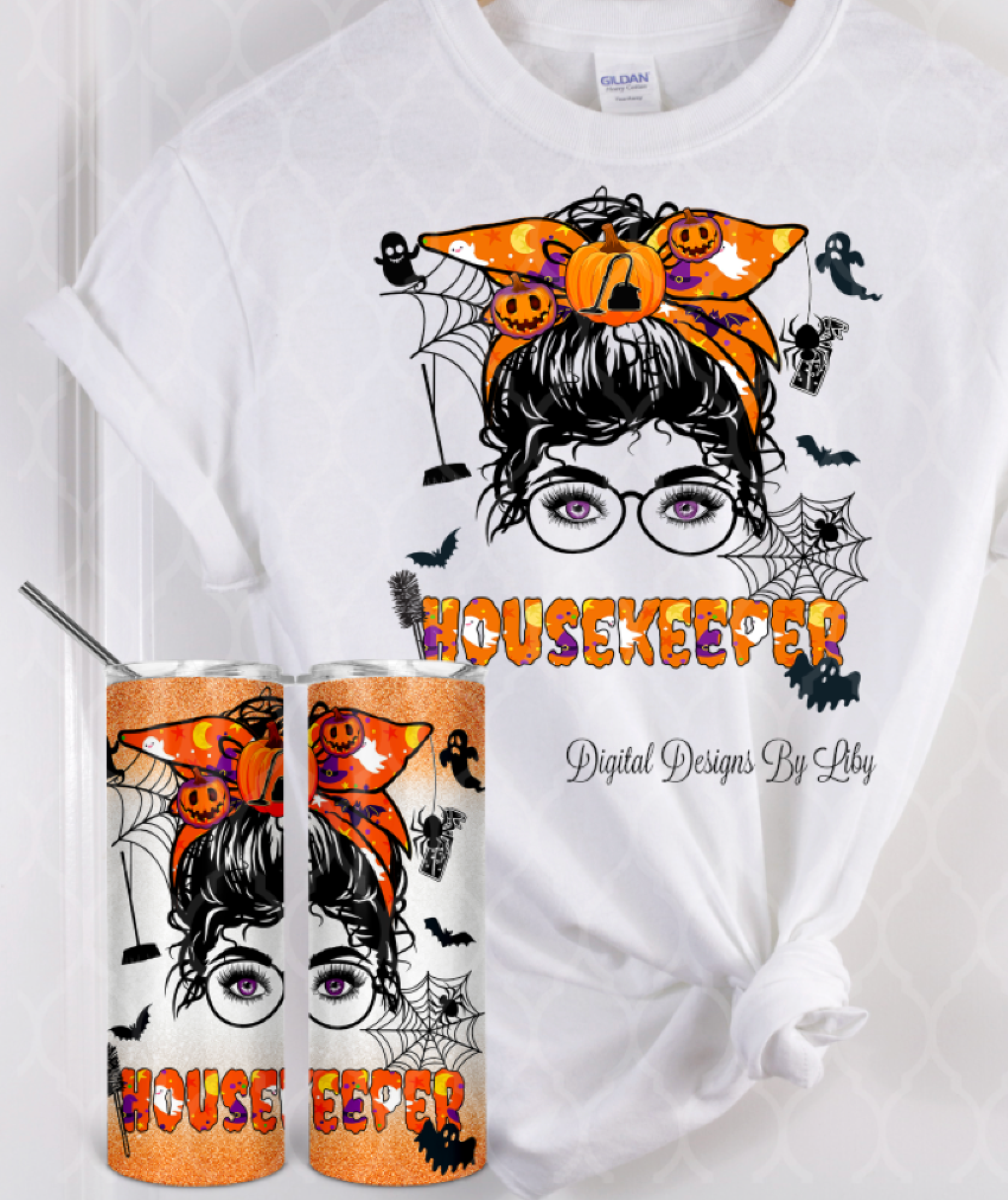 MESSY BUN HALLOWEEN HOUSEWIFE 20oz Skinny Tumbler & T-Shirt Bundle