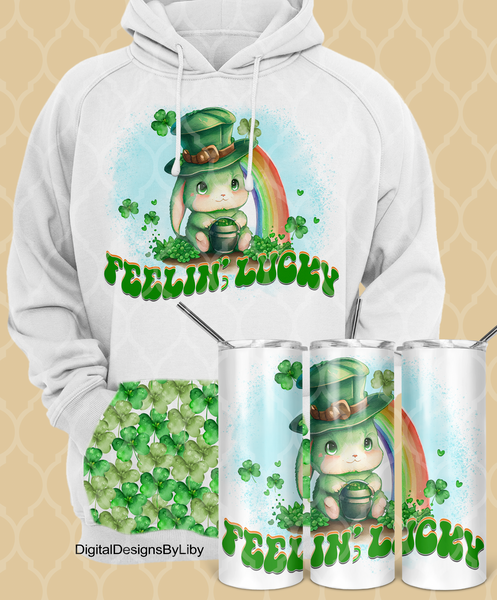 FEELING LUCKY St. Paddy Leprechaun Rabbit (Hoodie, T-Shirt & Skinny Tumbler & Mug PNG Sublimation Designs)