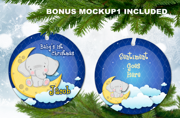 Elephant Moon Baby's First Christmas Ornament (Plus  FREE BONUS Mockup)