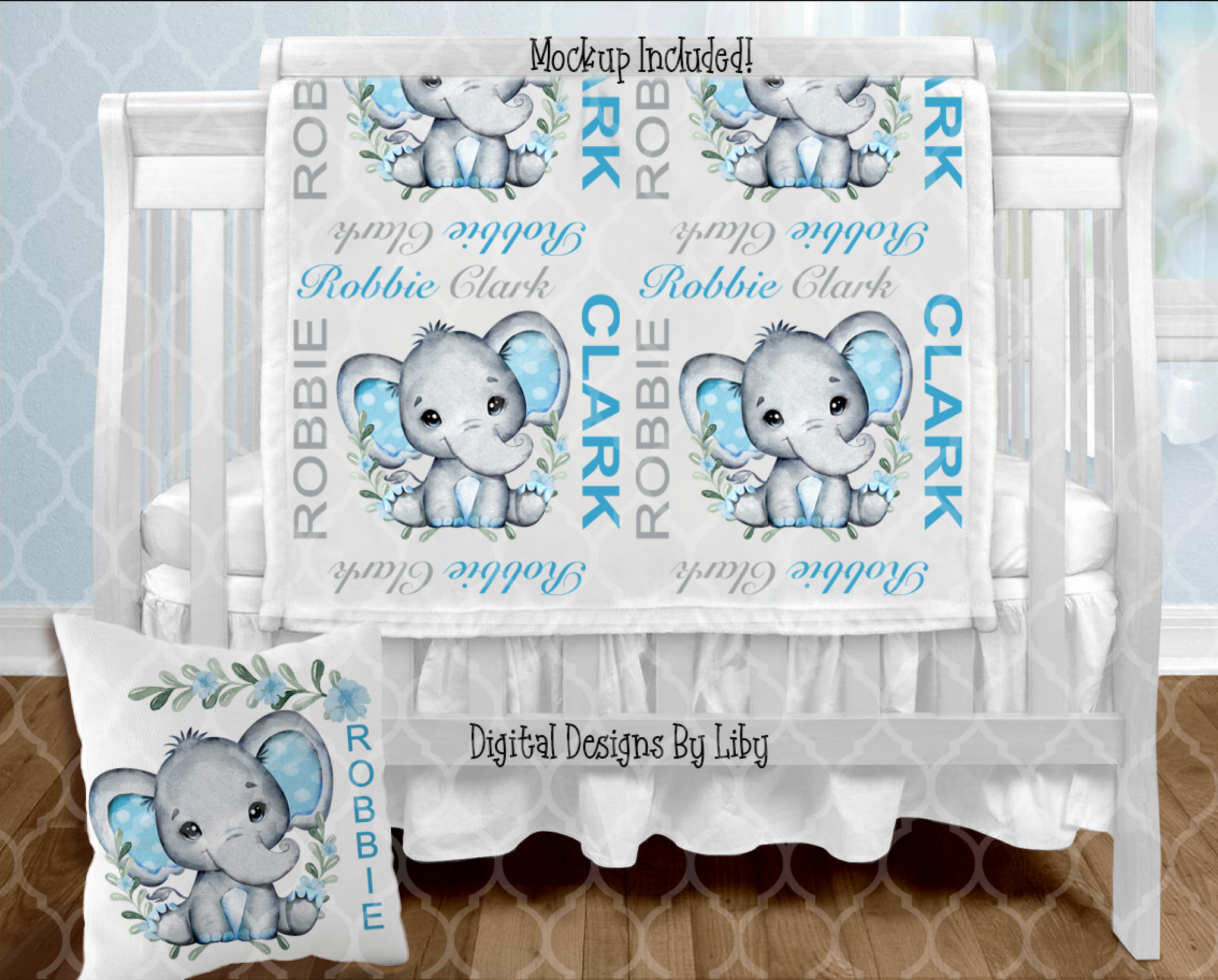 BABY BOY ELEPHANT BLANKET & PILLOW DESIGNS (3 Designs + Mockups)