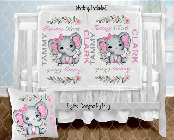 BABY GIRL ELEPHANT BLANKET & PILLOW DESIGNS (3 Designs+Mockups)