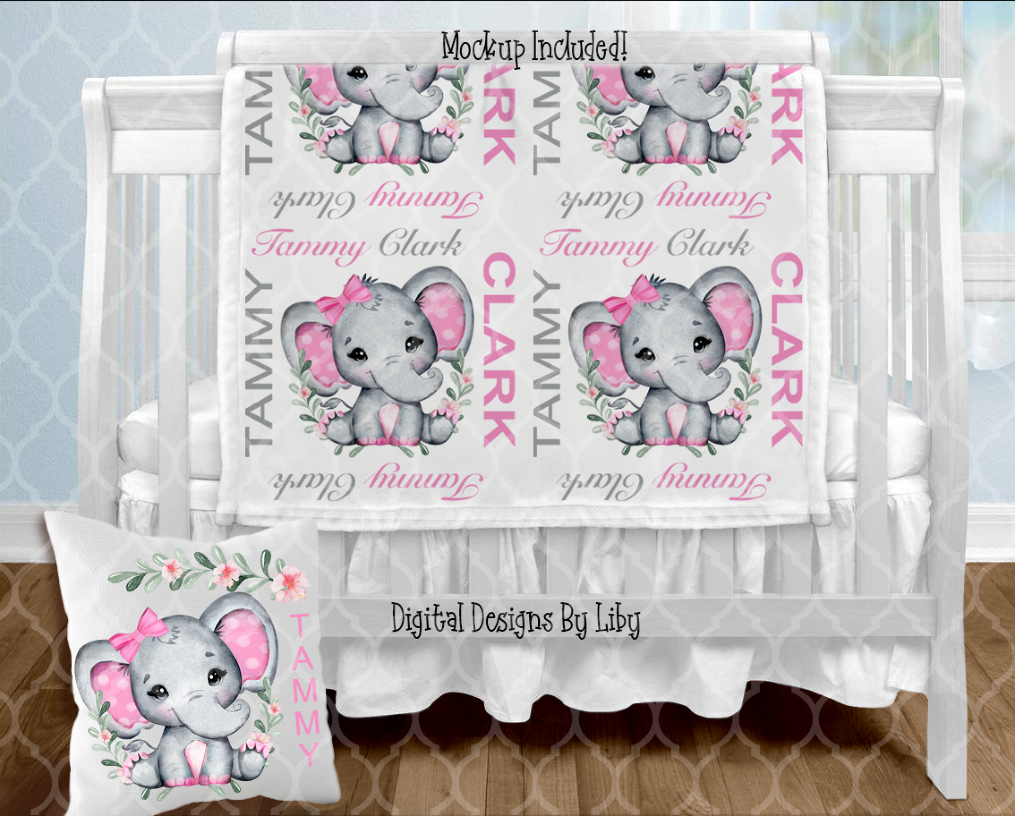 BABY GIRL ELEPHANT BLANKET & PILLOW DESIGNS (3 Designs+Mockups)