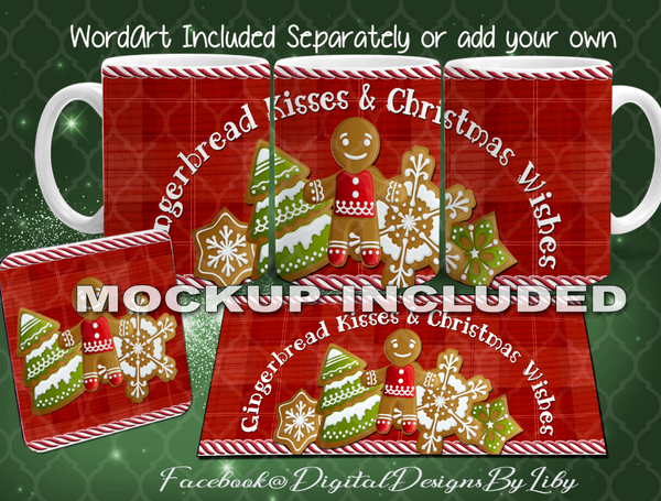 GINGERBREAD KISSES (Mug, Mockup & Coaster Designs)