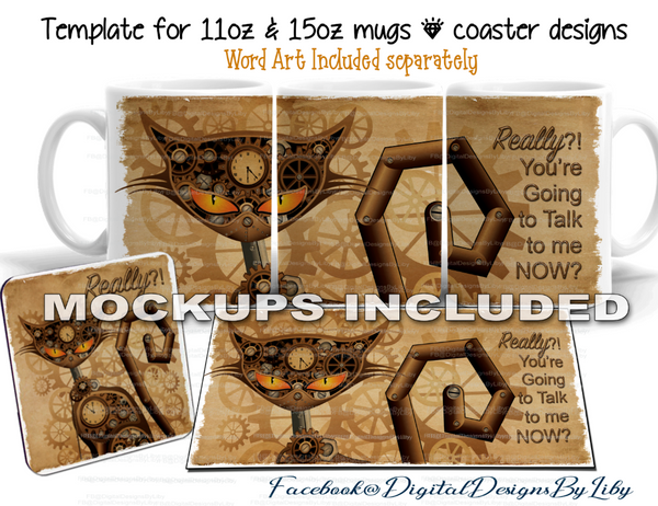 STEAMPUNK CAT COFFEE (Mug & Coaster Design+Bonus Mockups)