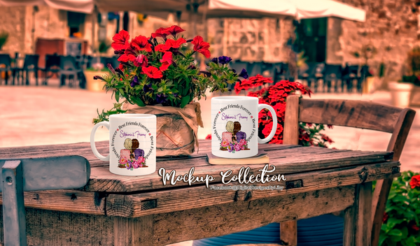 MUGS ON PICTURESQUE FLORAL TABLE (png & psd formats)