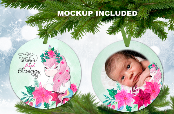 Unicorn Baby's First Christmas Ornament (Plus  FREE BONUS Mockup)