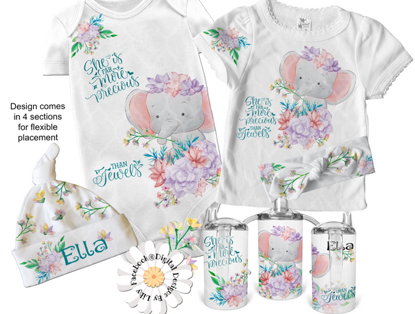 SHE IS PRECIOUS Pink & Lavender Elephant Onesie & Tee Design + Sippy Cup
