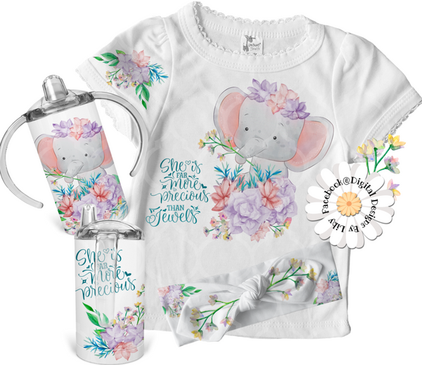 SHE IS PRECIOUS Pink & Lavender Elephant Onesie & Tee Design + Sippy Cup