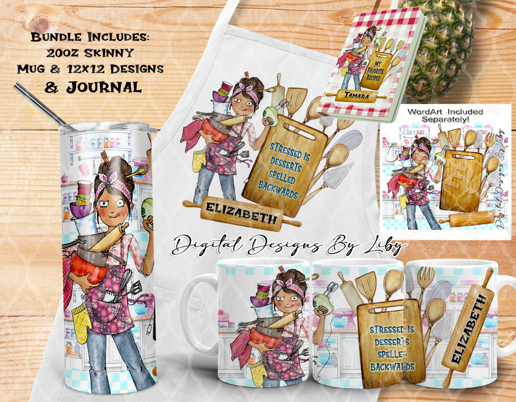 STRESSED IS DESSERTS BACKWARDS 20oz SKINNY TUMBLER, MUG, 12x12 & JOURNAL (Wordart Separate)