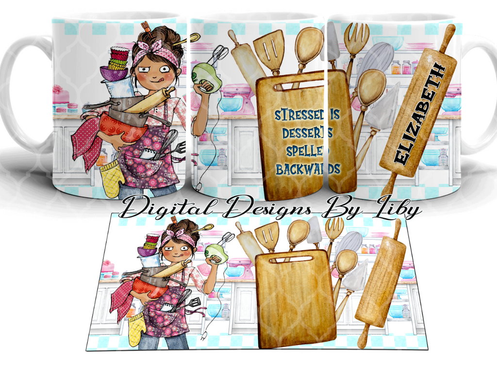 STRESSED IS DESSERTS BACKWARDS 20oz SKINNY TUMBLER, MUG, 12x12 & JOURNAL (Wordart Separate)