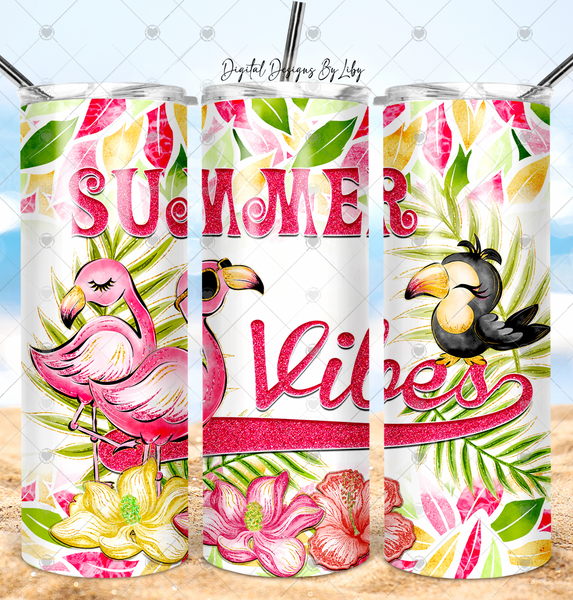 SUMMER VIBES 20oz Skinny Tumbler PNG Sublimation Flamingo Floral Design