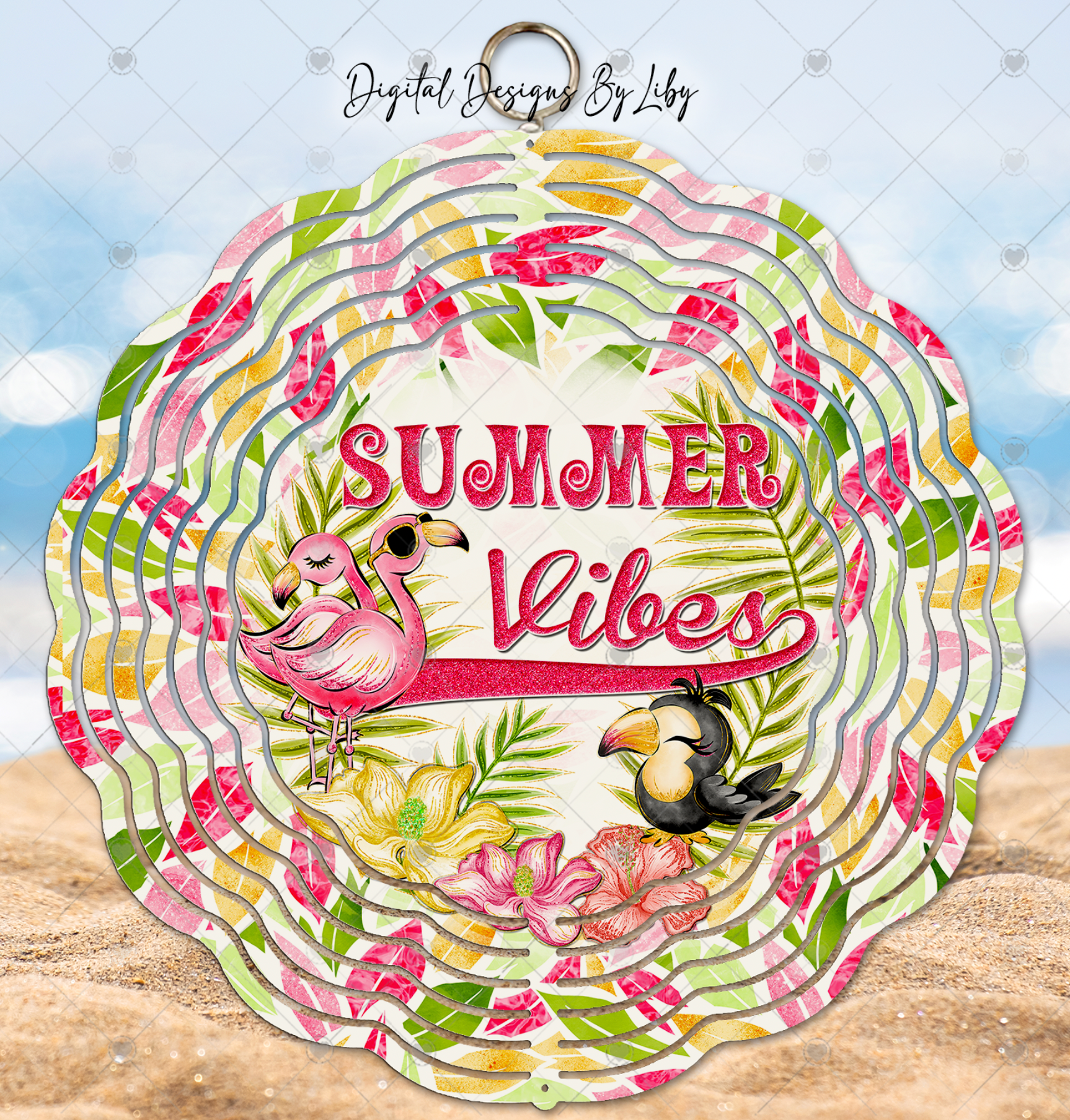 SUMMER VIBES Wind Spinner PNG Sublimation Flamingo Floral Design