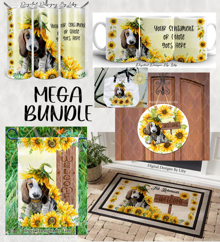 SUNFLOWER PUPPY BEAGLE MEGA BUNDLE (Skinny Tumbler, Mug, Door Mat, Garden Flag, Door Sign & More))